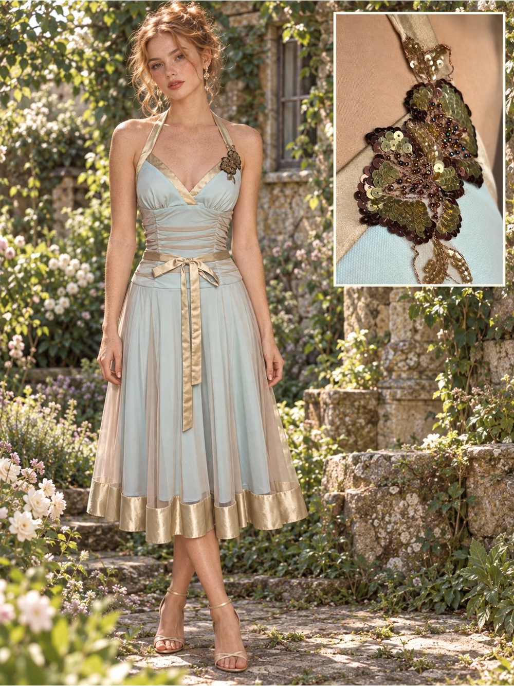 Vintage 90’s Y2K City Triangles Aqua Dress Gold Mesh overlay and trim Fairycore - Picture 12 of 12